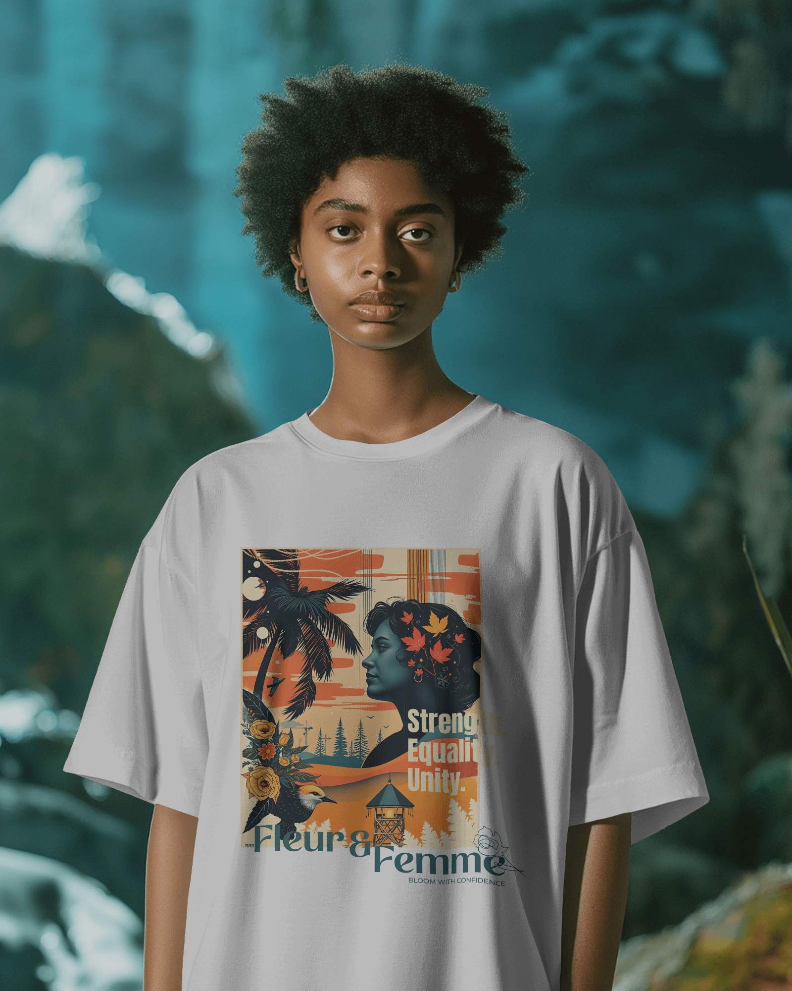 Fleur & Femme Oversized Tee in white, made from 100% cotton featuring a plus size relaxed fit by Khazoro - worn by female model Front view