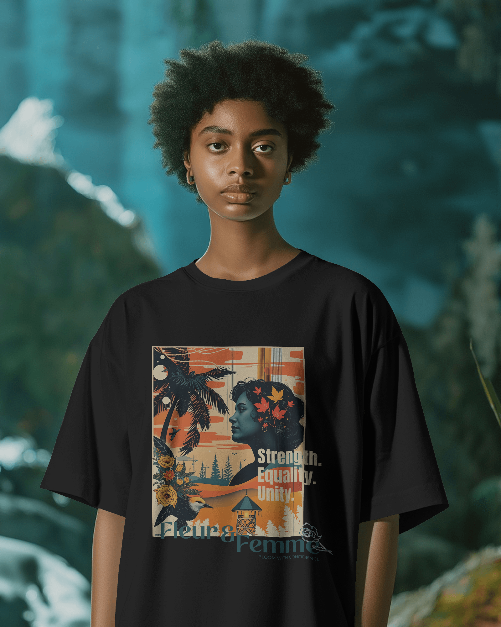 Fleur & Femme Oversized Tee in black, made from 100% cotton featuring a plus size relaxed fit by Khazoro - worn by female model Front view