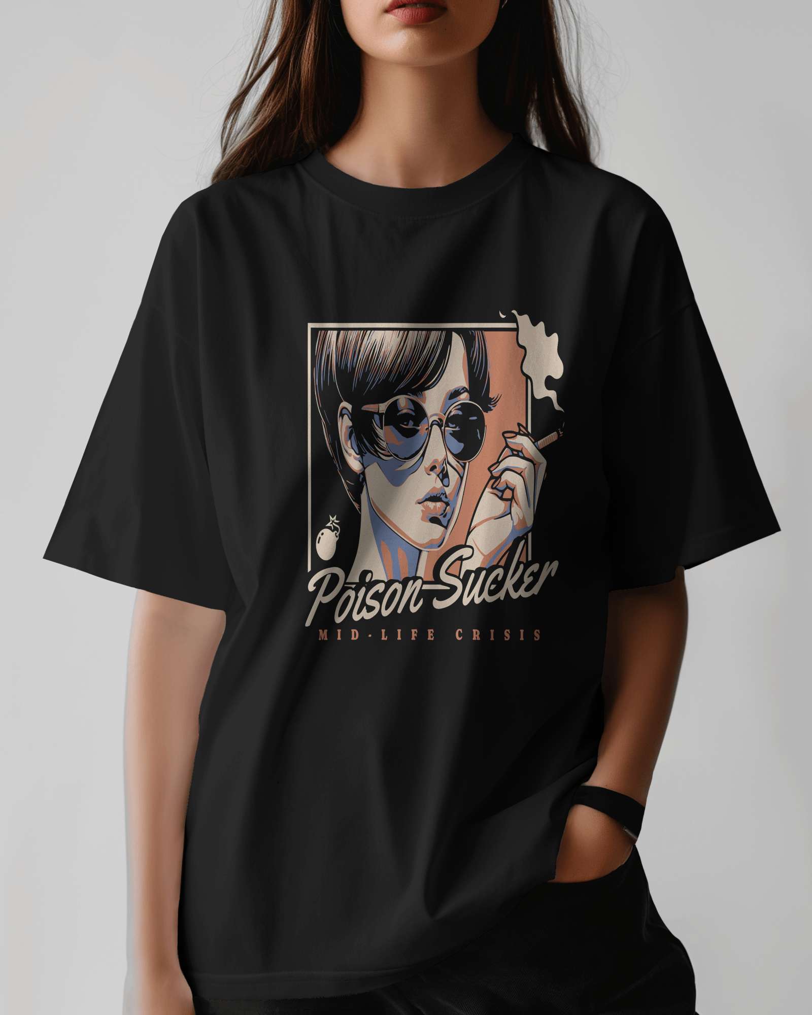 Poison Sucker Oversized Tee in black, made from 100% cotton featuring a plus size relaxed fit by Khazoro - worn by female model Front view