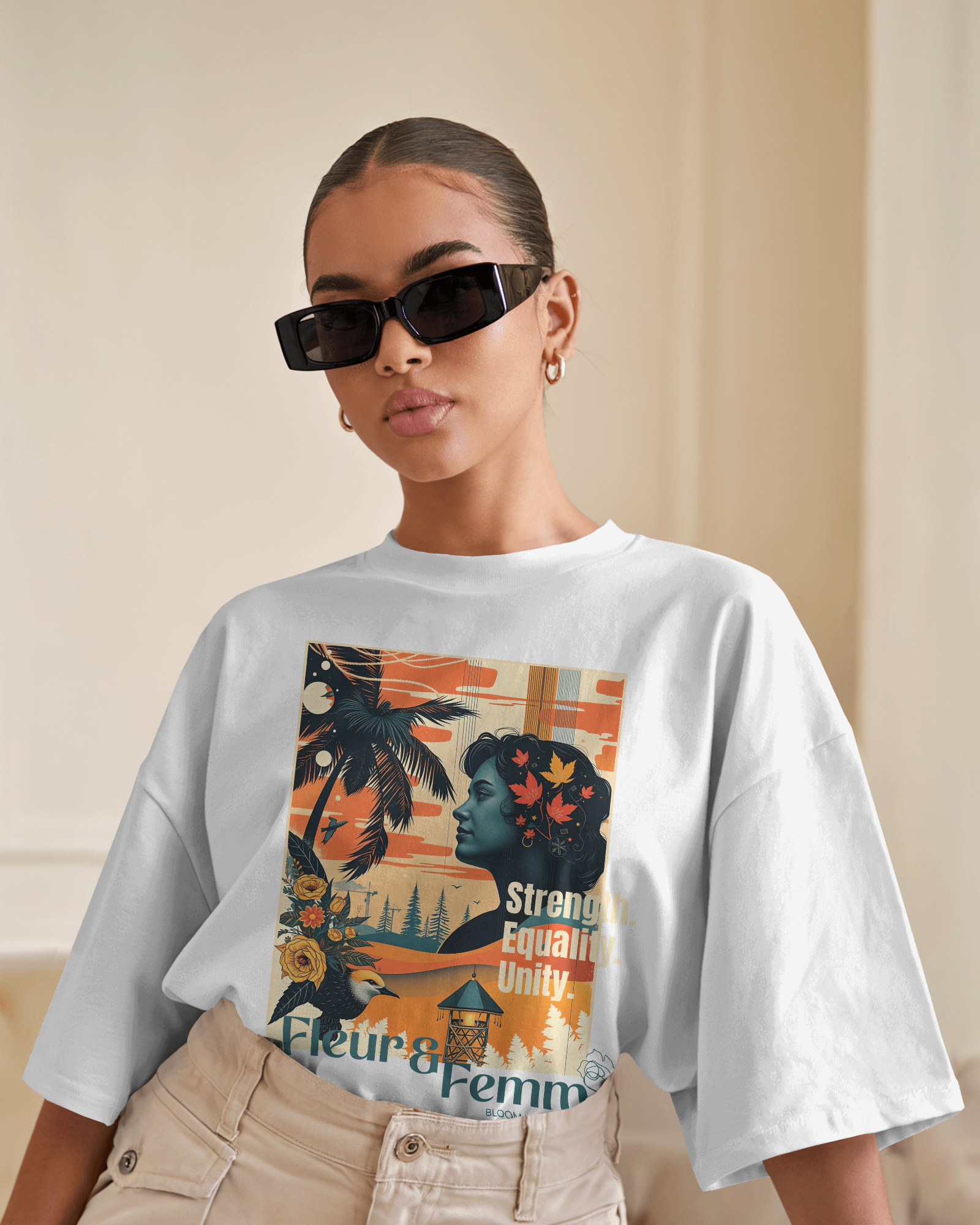 Fleur & Femme Oversized Tee in white, made from 100% cotton featuring a plus size relaxed fit by Khazoro - worn by female model Front view