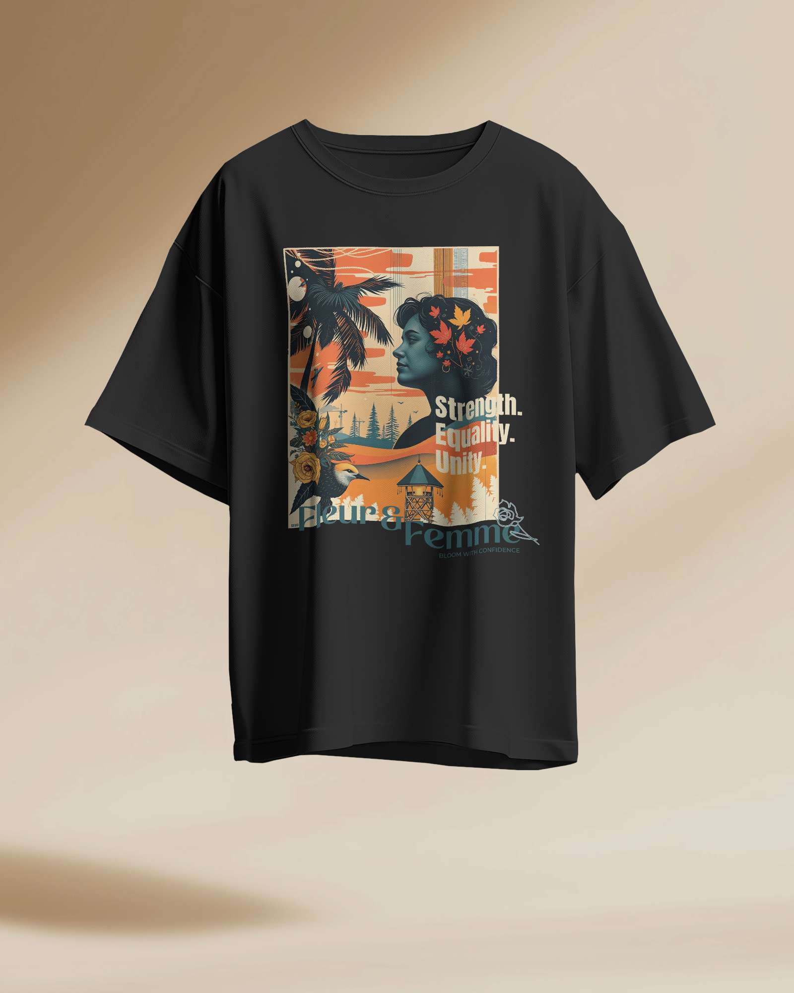 Fleur & Femme Oversized Tee in black, made from 100% cotton featuring a plus size relaxed fit by Khazoro - floating t-shirt Front view