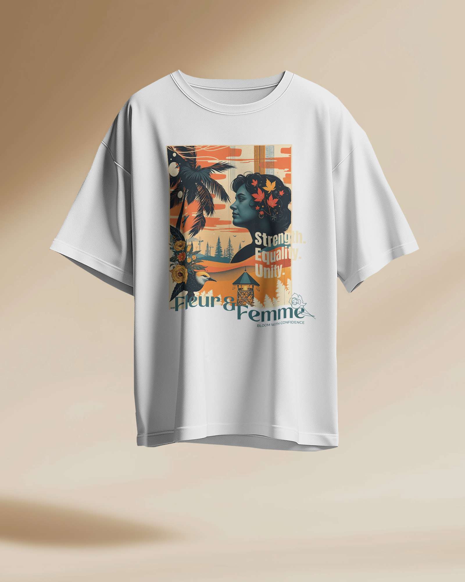 Fleur & Femme Oversized Tee in white, made from 100% cotton featuring a plus size relaxed fit by Khazoro - floating t-shirt Front view