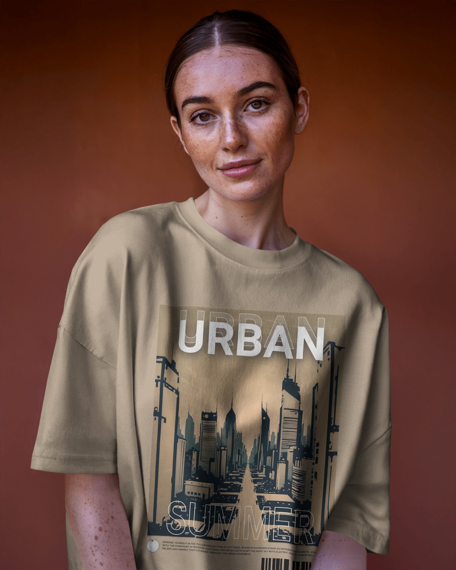 Urban Summer Oversized Tshirt in taupe, made from 100% cotton featuring a plus size relaxed fit by Khazoro - worn by female model Front view