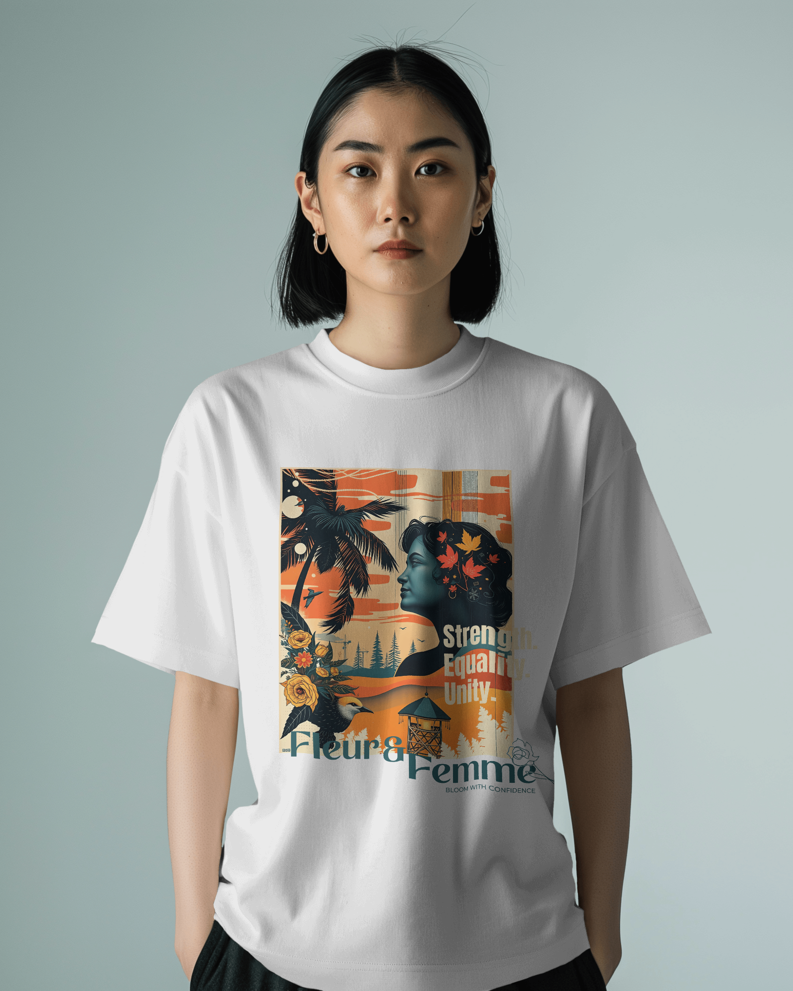 Fleur & Femme Oversized Tee in white, made from 100% cotton featuring a plus size relaxed fit by Khazoro - worn by female model Front view