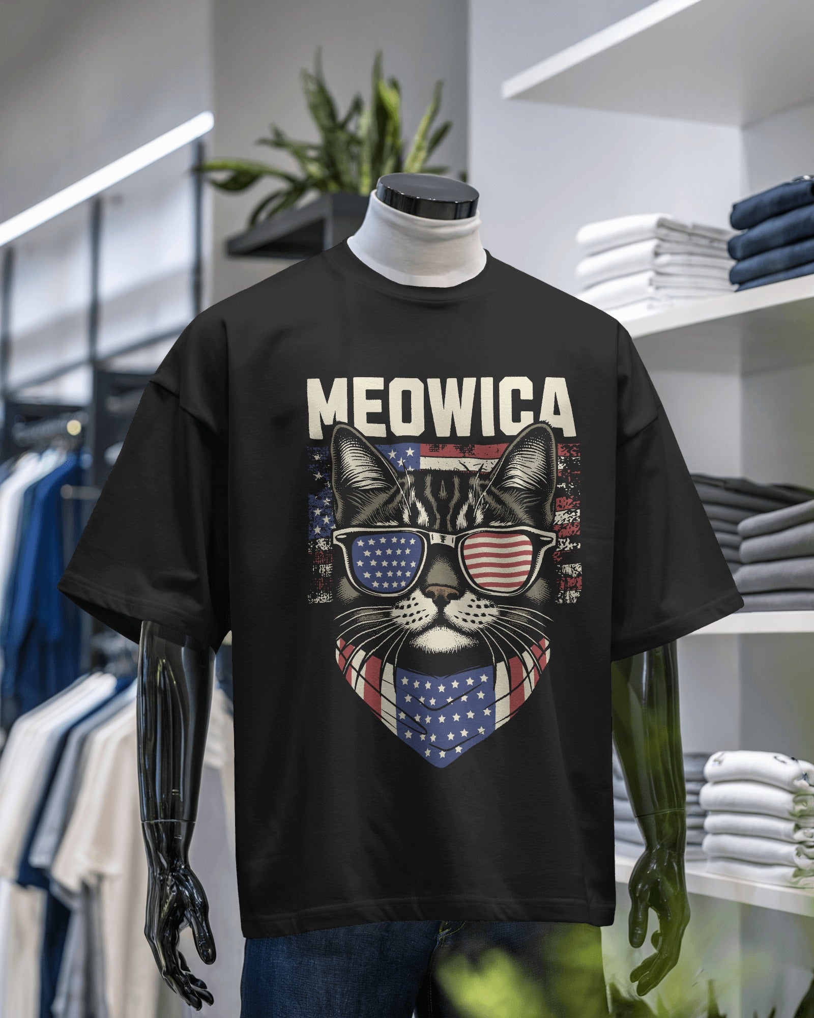 Meowica Oversized Tee in black, made from 100% cotton featuring a plus size relaxed fit by Khazoro - glossy black mannequin Front view 