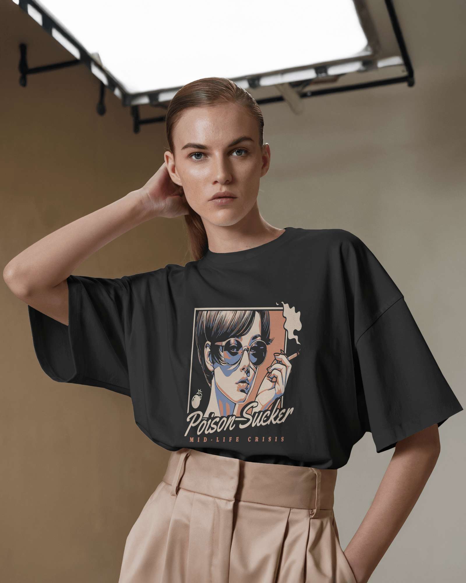 Poison Sucker Oversized Tee in black, made from 100% cotton featuring a plus size relaxed fit by Khazoro - worn by female model Front view