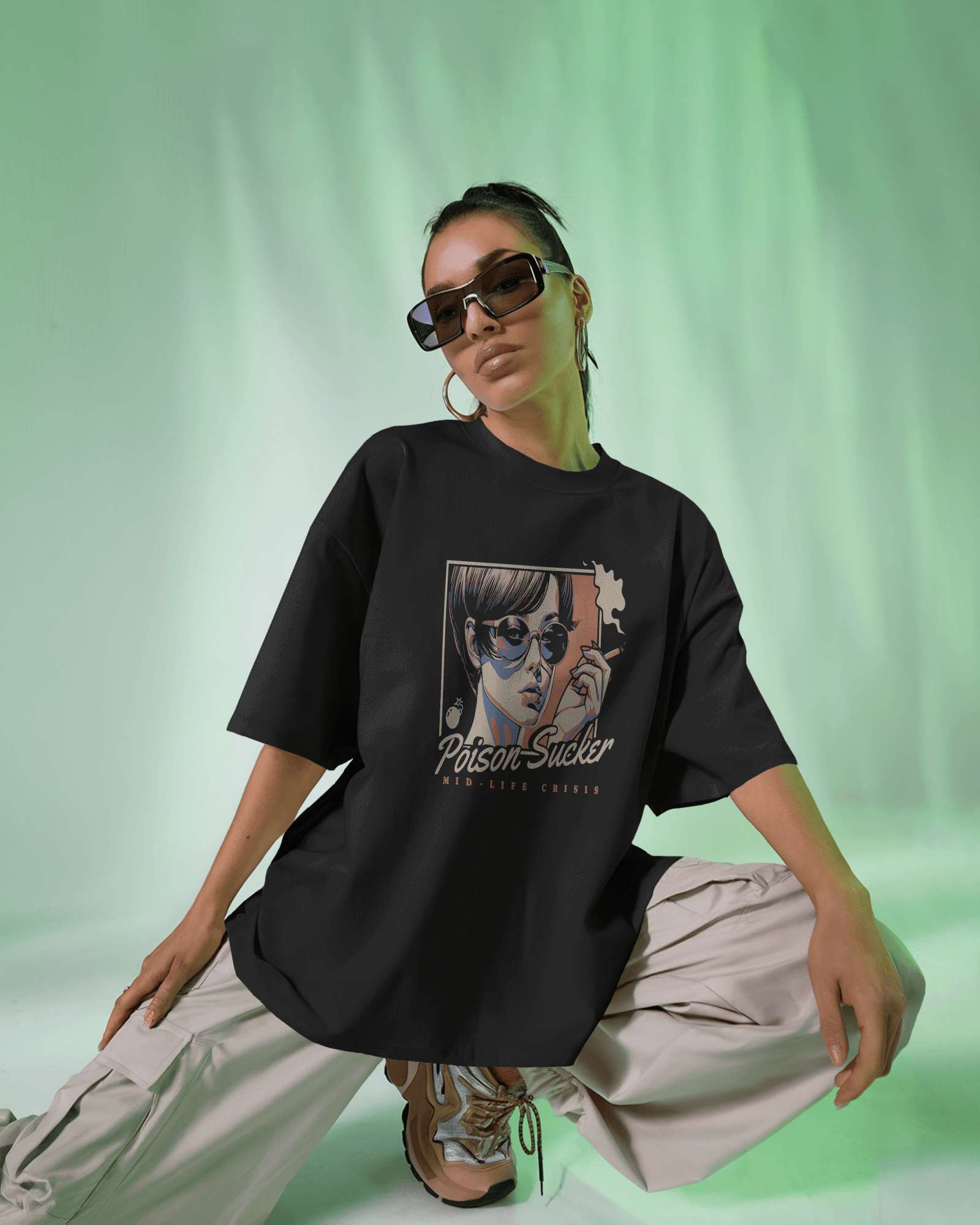 Poison Sucker Oversized Tee in black, made from 100% cotton featuring a plus size relaxed fit by Khazoro - worn by female model Front view